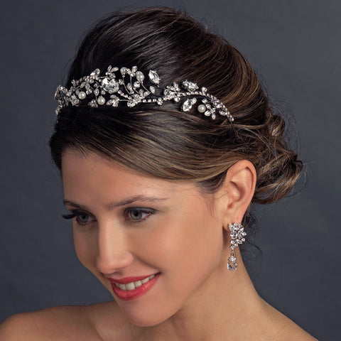 Antique Silver Diamond White Pearl & Marquise Crystal Side Accented Bridal Wedding Tiara Bridal Wedding Headband 9970