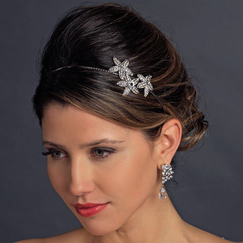Antique Silver Clear Rhinestone Triple Starfish Side Accented Bridal Wedding Headband Headpiece 9971