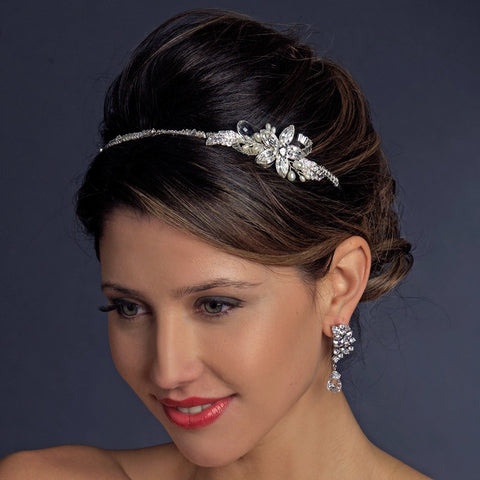 Silver Ivory Pearl & Clear Rhinestone Side Accented Bridal Wedding Headband Headpiece 9990