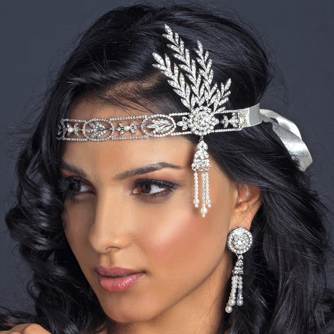 Great Gatsby Inspired Light Rhodium Headpiece HP 9996 with Pearls & White or Ivory Ribbon