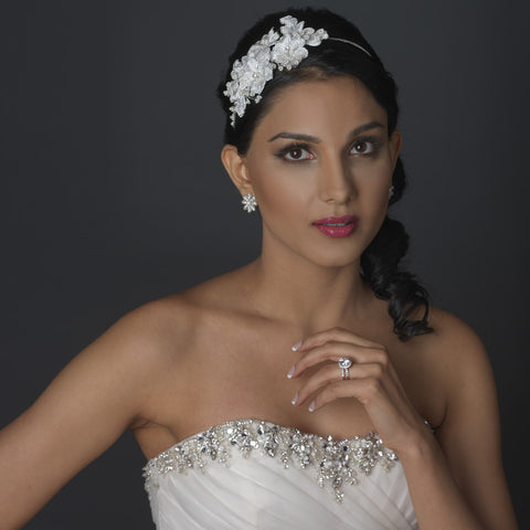Rhodium Clear Pave Rhinestone & Diamond White Pearl Flower Stud Bridal Wedding Earrings 82013