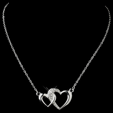 Silver Clear Rhinestone Double Heart Bridal Wedding Necklace 12984