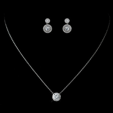 CZ Crystal Pave Crystal Pendent Bridal Wedding Necklace 1651 & Petite Pave Solataire Double Drop Earrings 7406 Bridal Wedding Jewelry Set