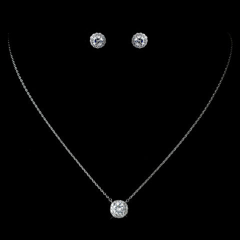 Antique Rhodium Silver Clear CZ Crystal Pave Pendent Bridal Wedding Necklace 1651 & Round Soaltaire Stud Halo Bridal Wedding Earrings 7741 Bridal Wedding Jewelry Set