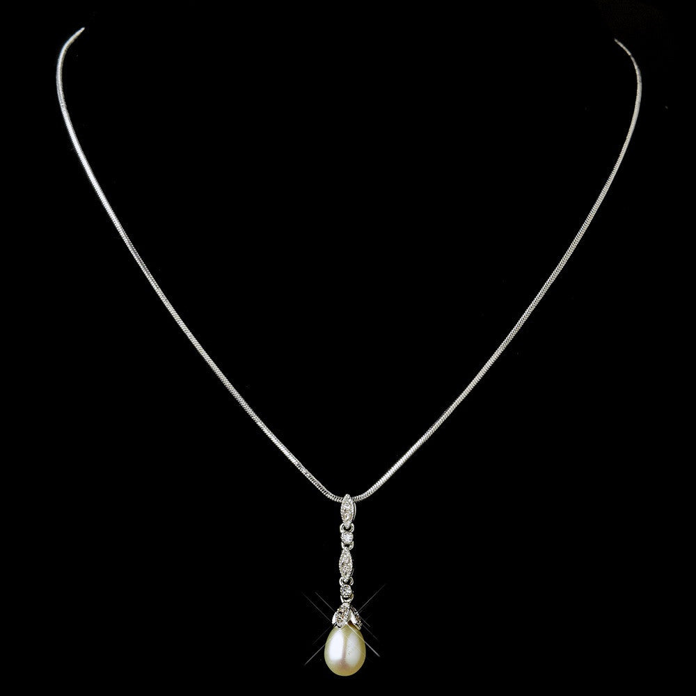 Antique Silver Diamond White Pearl & Drop Pear Clear CZ Crystal Necklace 2001 & Earrings Bridal Wedding Jewelry Set 3877