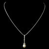 Antique Silver Diamond White Pearl & Drop Pear Clear CZ Crystal Necklace 2001 & Earrings Bridal Wedding Jewelry Set 3877