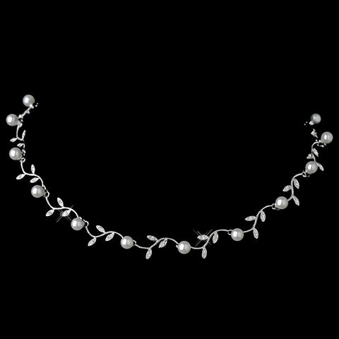 Silver White Pearl & Rhinestone Leaves Bridal Wedding Necklace 2080