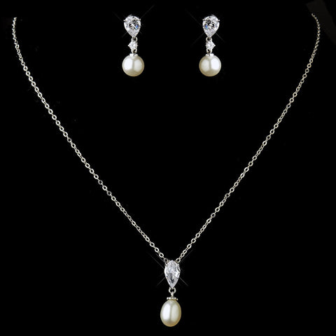 Antique Silver Pearl CZ Bridal Wedding Necklace 2501 & Earrings 3889 Bridal Wedding Jewelry Set