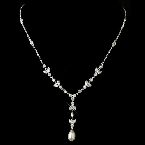 Antique Silver Clear Cubic Zirconia & Freshwater Pearl Bridal Wedding Necklace 2508