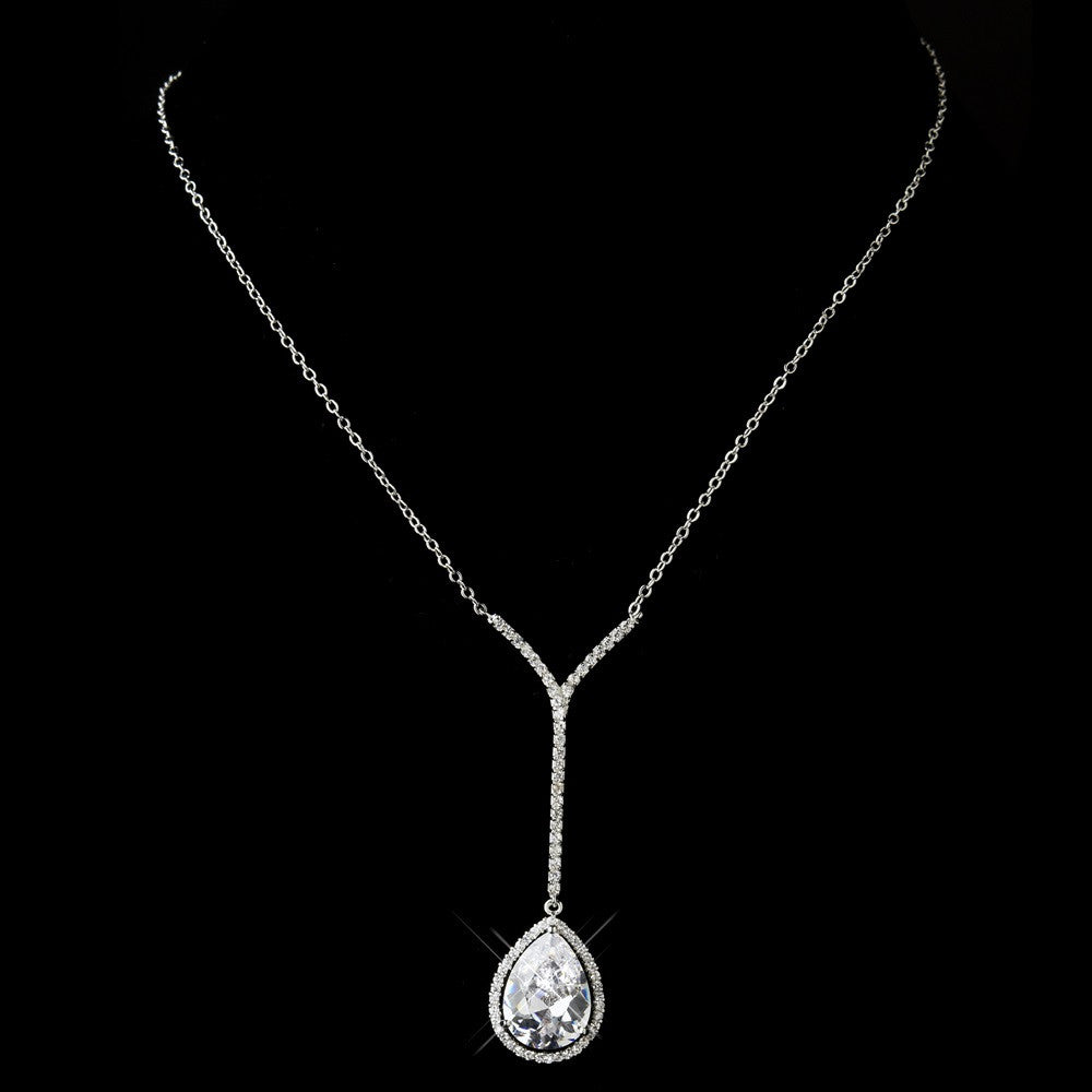 Antique Silver Clear CZ Crystal Teardrop Bridal Wedding Necklace N 2580