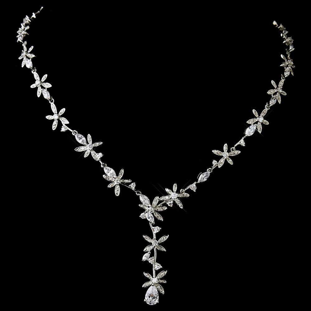 Antique Silver Clear CZ Crystal Floral Bridal Wedding Necklace 2621 & Bridal Wedding Earrings 5265 Bridal Wedding Jewelry Set