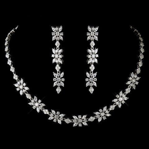 Antique Silver Clear CZ Stone Bridal Wedding Necklace 2626 & Bridal Wedding Earrings 5215 Bridal Wedding Jewelry Set