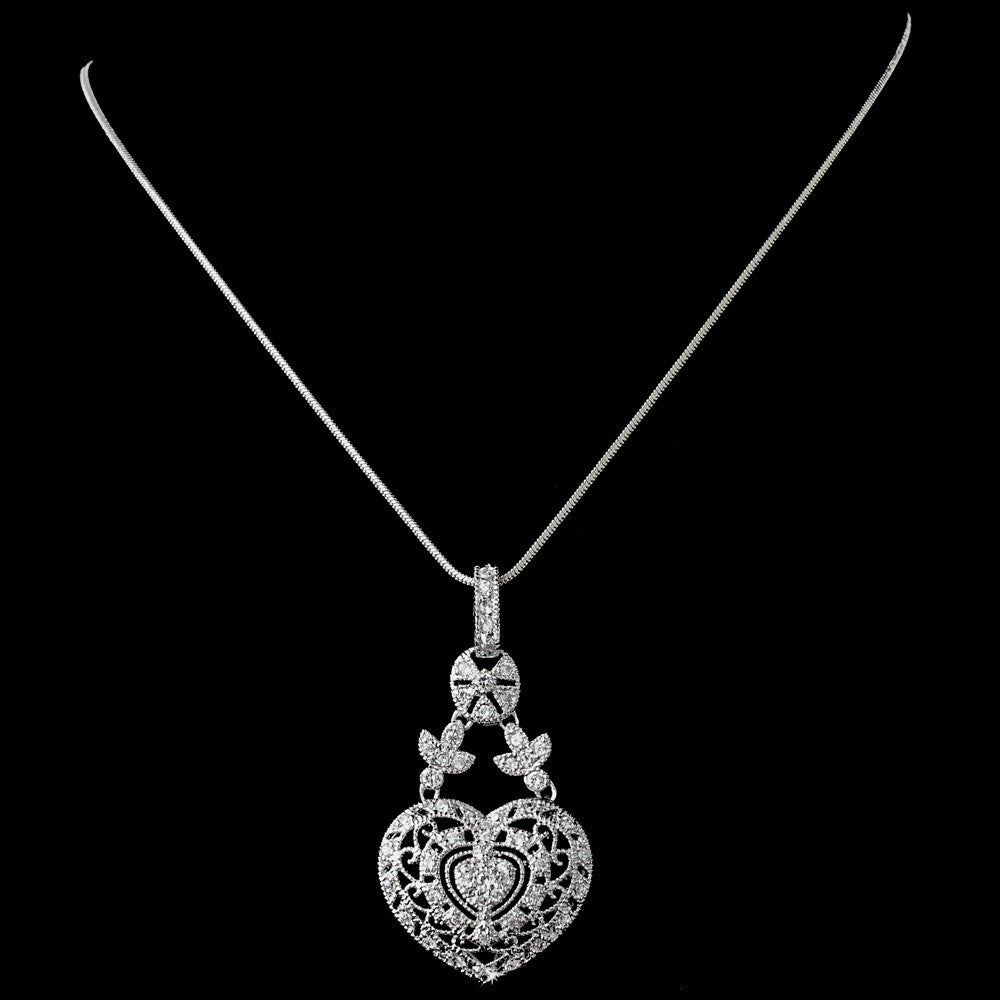 Antique Silver Clear Cubic Zirconia Heart Bridal Wedding Necklace 2702