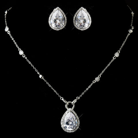 Antique Silver Clear CZ Pear Cut Crystal Bridal Wedding Necklace 2729 & Bridal Wedding Earrings 5141 Bridal Wedding Jewelry Set