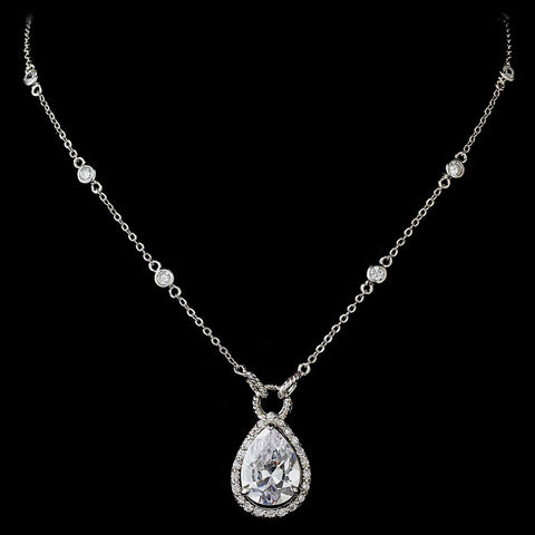 Antique Silver Clear CZ Pear Cut Crystal Bridal Wedding Necklace 2729 & Bridal Wedding Earrings 5141 Bridal Wedding Jewelry Set