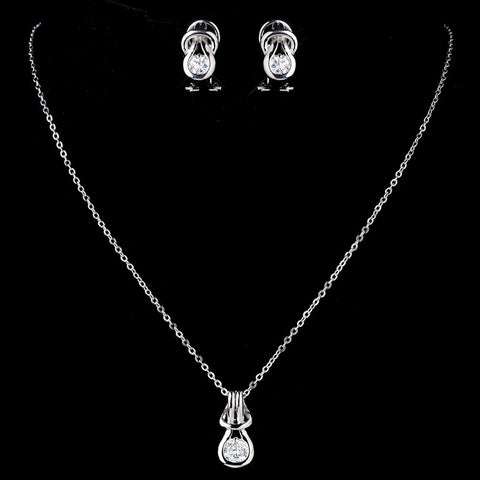 Antique Silver Clear CZ Stone Bridal Wedding Necklace 2742 & Bridal Wedding Earrings 1960 Bridal Wedding Jewelry Set