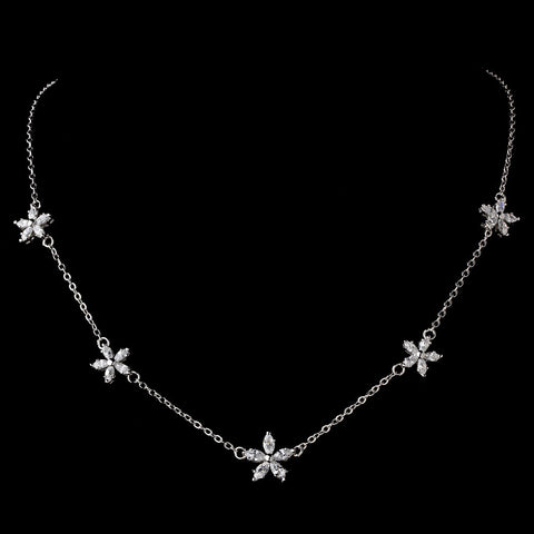 Stunning Antique Silver Clear Five Cubic Zirconia Flower Bridal Wedding Necklace N 3000