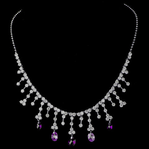 Silver Amethyst CZ Crystal Dangle Bridal Wedding Necklace 3628