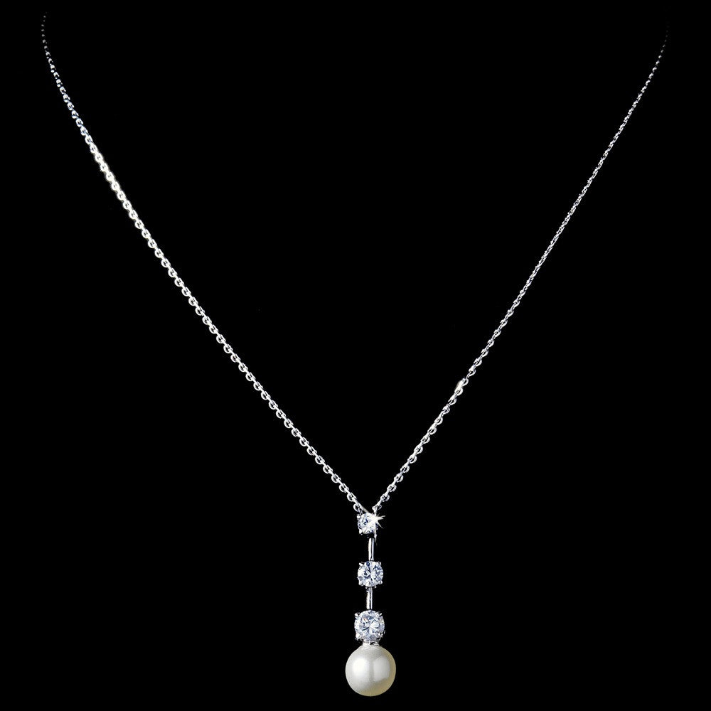 Antique Silver White Pearl & CZ Bridal Wedding Necklace N 3863