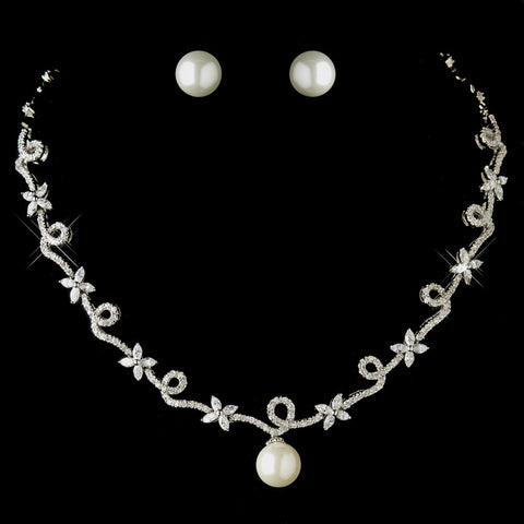 Antique Silver Clear CZ Stone & Diamond White Pearl Bridal Wedding Necklace 3871 & Bridal Wedding Earrings 7505 Bridal Wedding Jewelry Set