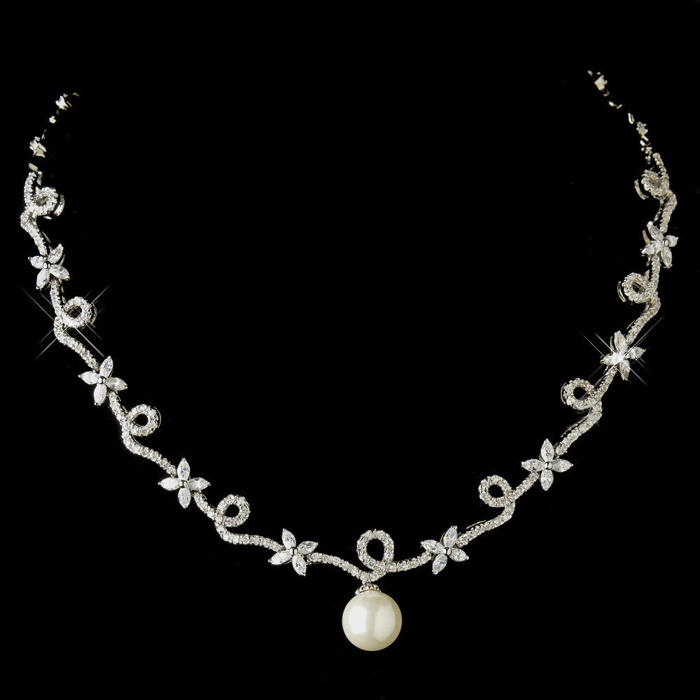 Antique Silver Pearl & CZ Bridal Wedding Necklace 3871