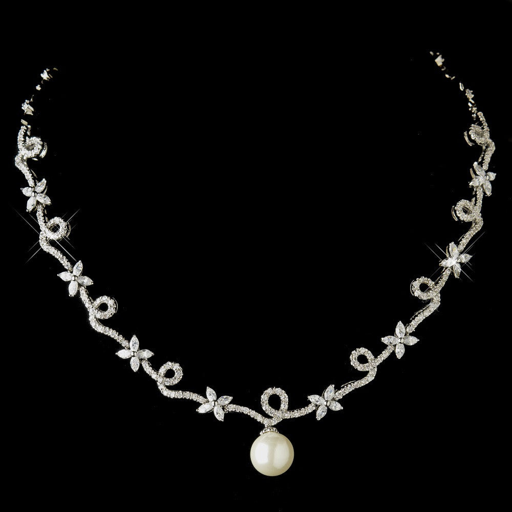 Antique Silver Clear CZ Stone & Diamond White Pearl Bridal Wedding Necklace 3871 & Bridal Wedding Earrings 7505 Bridal Wedding Jewelry Set
