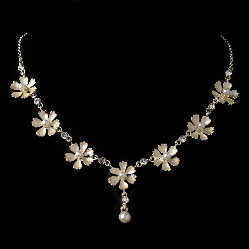 Gold Champagne Pearl Flower Bridal Wedding Necklace 4838