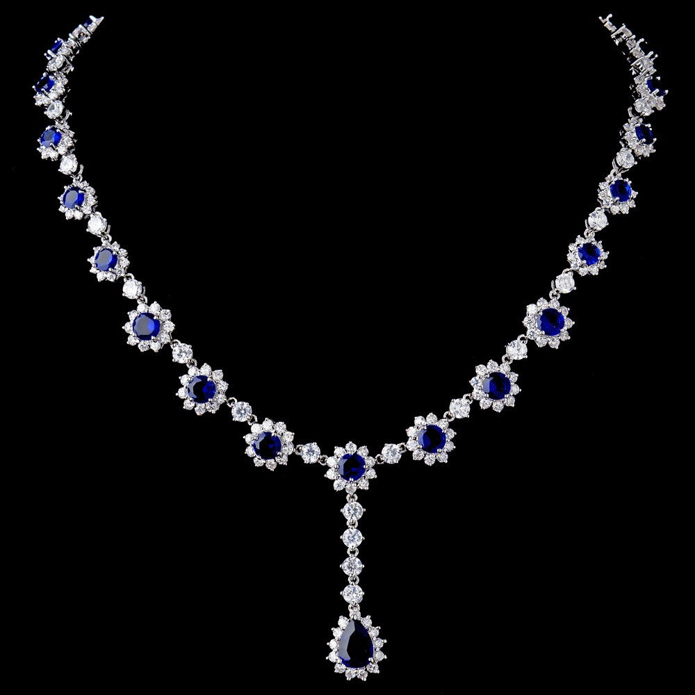 Gorgeous Antique Silver Sapphire Cubic Zirconia Bridal Wedding Necklace N 5063