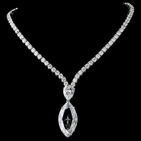 Stunning Antique Silver Clear Cubic Zirconium Bridal Wedding Necklace w/ Marquise Dangle Drop N 5067