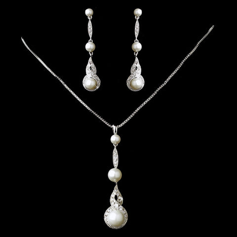 Silver Clear Diamond White Pearl Bridal Wedding Necklace 5077 & White Pearl Bridal Wedding Earrings 5484