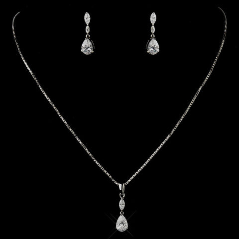 Antique Silver Clear Tear Drop CZ Crystal Bridal Wedding Necklace 5090 & Bridal Wedding Earrings 5500 Bridal Wedding Jewelry Set