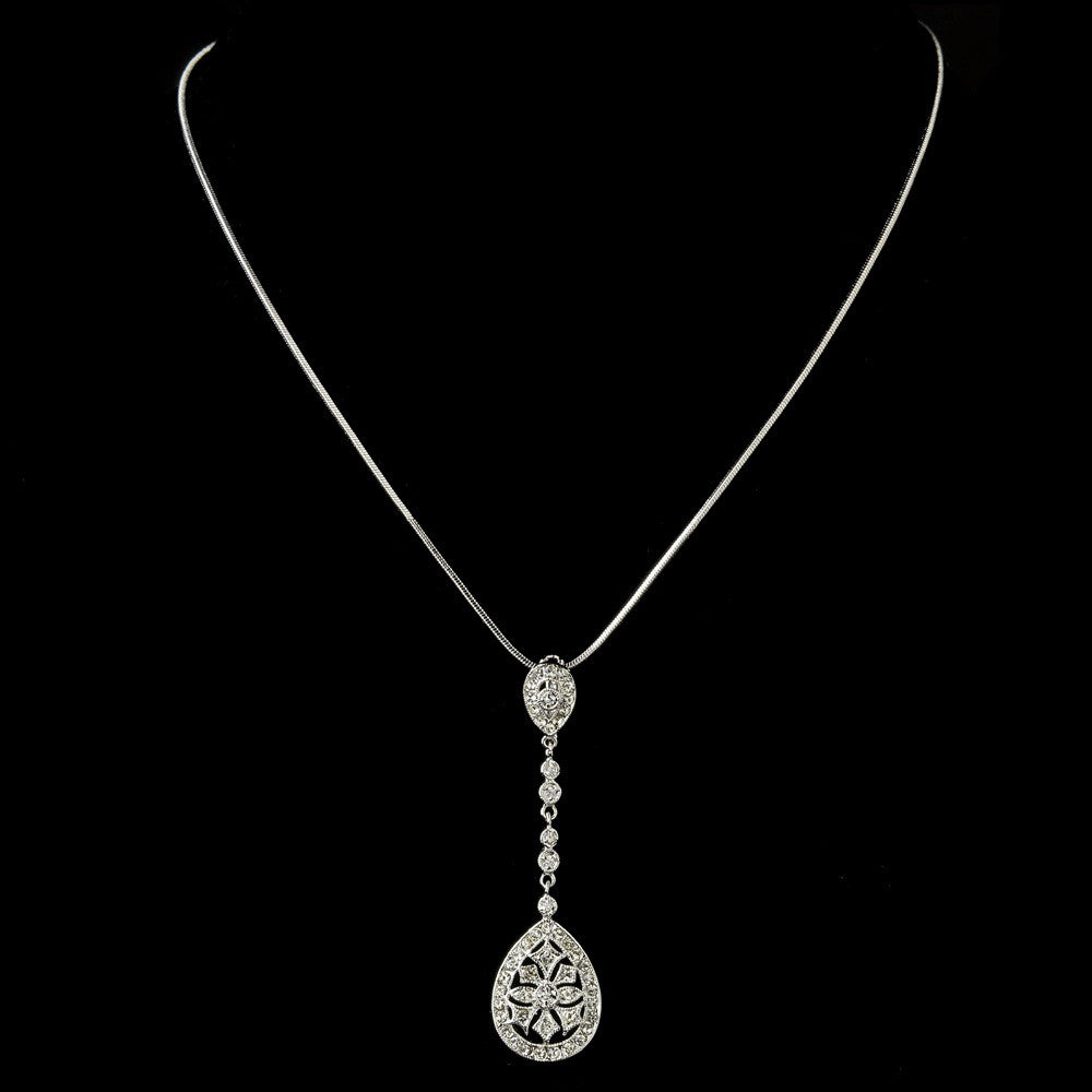 Antique Silver Clear CZ Crystal Bridal Wedding Necklace 6500