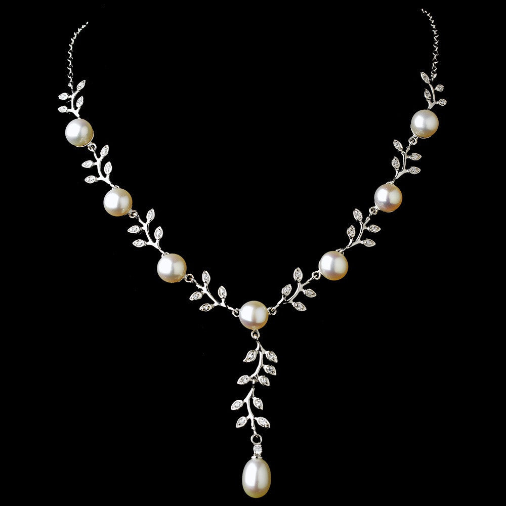 Antique Silver Diamond White Pearl Bridal Wedding Necklace 6518 & Bridal Wedding Earrings 6512 Bridal Wedding Jewelry Set