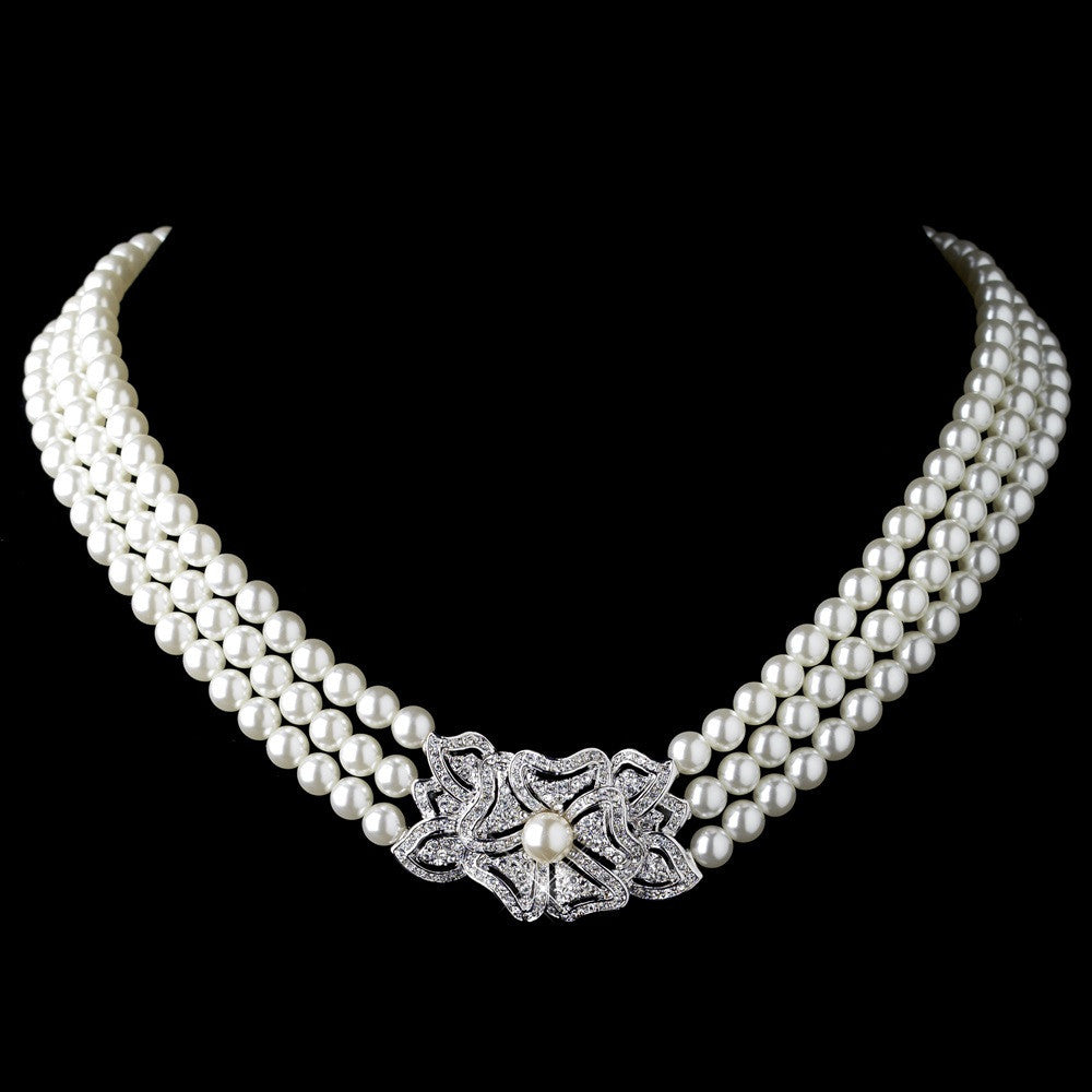Rhodium Ivory Pearl & Rhinestone Bridal Wedding Necklace 76010, Earrings 76012 & Bracelet 76011 Vintage Floral Jewelry Set