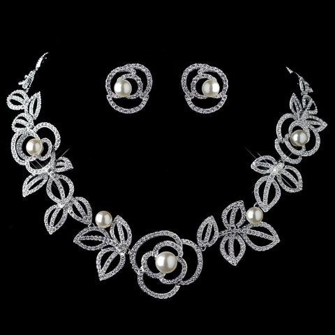 Rhodium Diamond White Pearl Bridal Wedding Necklace 76013 & Bridal Wedding Earrings 76013 Rose Bridal Wedding Jewelry Set