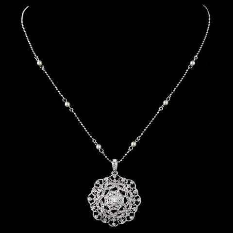 Rhodium Ivory Pearl & CZ Crystal Vintage Pendant Bridal Wedding Necklace 76014