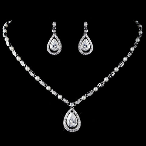 Rhodium Clear CZ Crystal & Diamond White Pearl Bridal Wedding Necklace 76019 & Bridal Wedding Earrings 76018 Bridal Wedding Jewelry Set