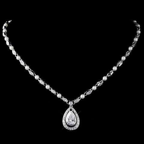Rhodium Clear CZ Crystal & Diamond White Pearl Bridal Wedding Necklace 76019 & Bridal Wedding Earrings 76018 Bridal Wedding Jewelry Set