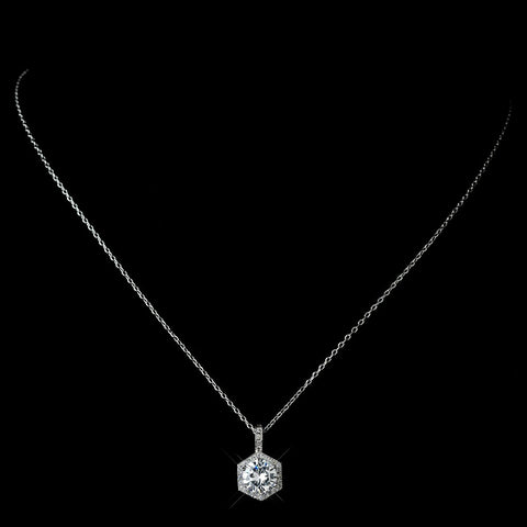 Antique Rhodium Silver Clear Round Pave CZ Crystal Drop Pendent Bridal Wedding Necklace 7720