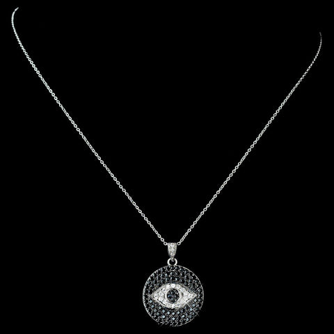 Antique Rhodium Silver Clear w/ Black Hamsa Evil Eye Hand Middle Eastern Arabic CZ Crystal Pendent Bridal Wedding Necklace 7722