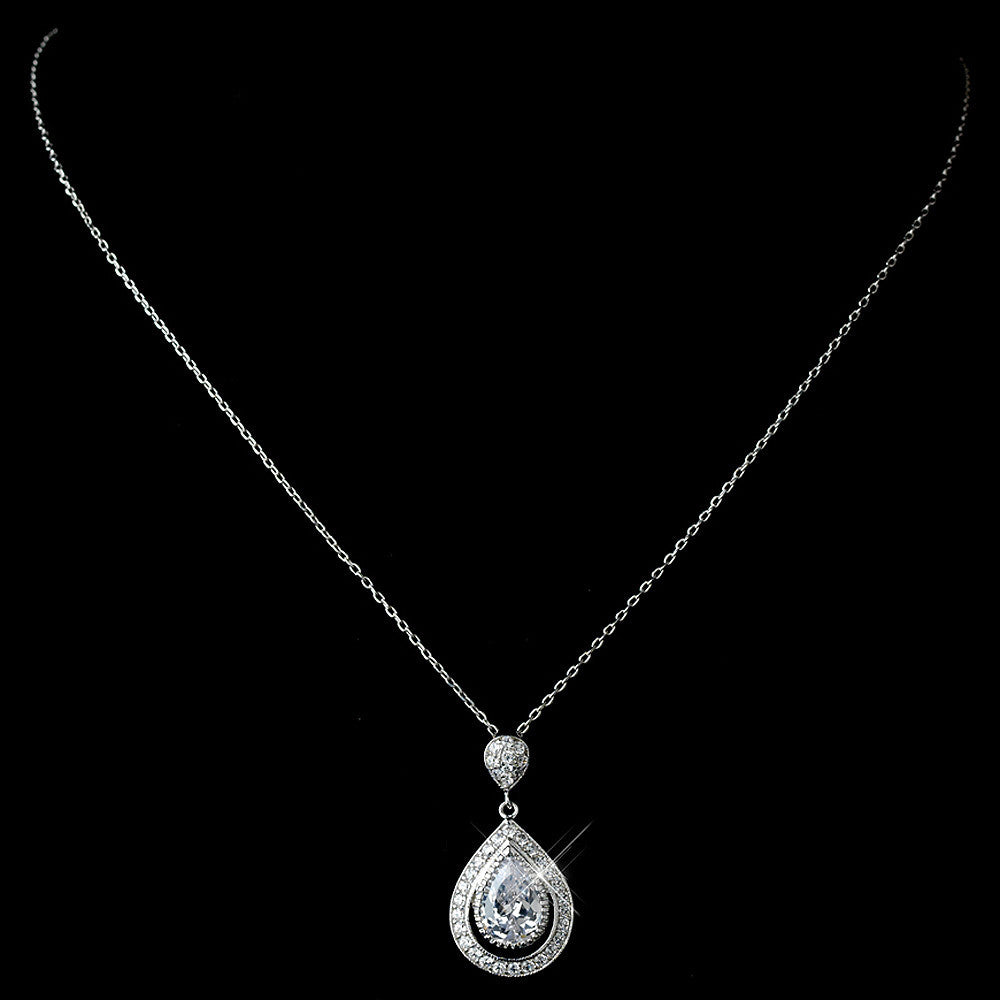 Antique Rhodium Silver Clear CZ Crystal Teardrop Pendent Bridal Wedding Necklace 7725 & Swirl Flower Teardrop Pave Dangle Bridal Wedding Earrings 2899 Bridal Wedding Jewelry Set