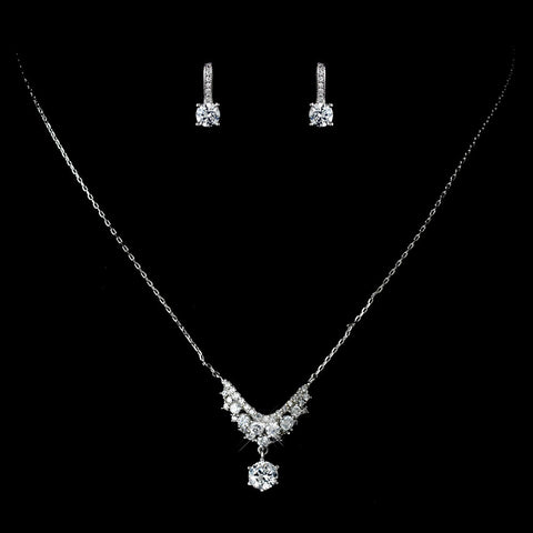 Antique Rhodium Silver Clear Petite CZ Crystal Bridal Wedding Necklace 7729 & Round Petite CZ Child's Bridal Wedding Earrings 7402 Bridal Wedding Jewelry Set