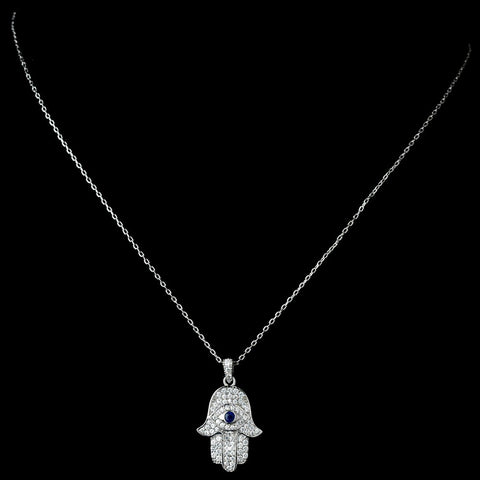 Antique Rhodium Silver Clear CZ Crystal With Sapphire Accent Middleastern Hamsa Pendent Bridal Wedding Necklace 7732