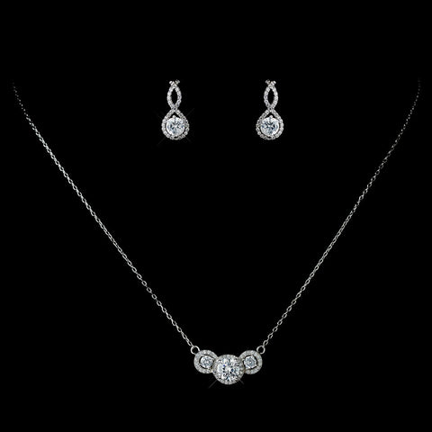 Antique Rhodium Silver Clear CZ Crystal 3 Stone Pave Round Pendent Bridal Wedding Necklace 7735 & Petite Eternity Bridal Wedding Earrings 7407 Bridal Wedding Jewelry Set