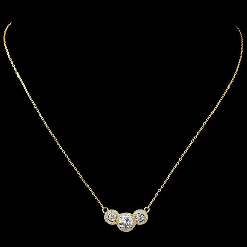 Gold Clear 3 Round Pave CZ Pendent Bridal Wedding Necklace