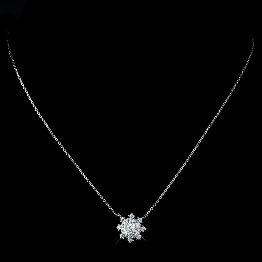 Antique Rhodium Silver Clear Snowflake Encrusted Pendent Bridal Wedding Necklace 7737