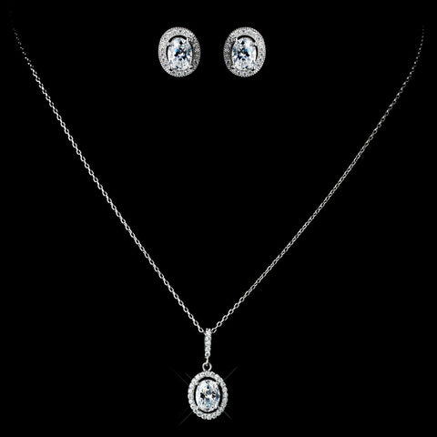 Antique Rhodium Silver Clear Oval Pendent Drop Necklace & Oval Pave Encrusted Stud Earrings Bridal Wedding Jewelry Set 7738