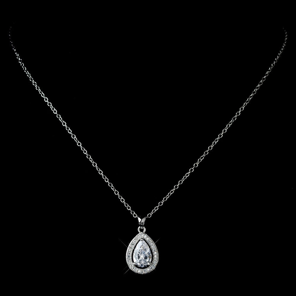 Antique Rhodium Silver Clear Teardrop Encrusted CZ Crystal Pendent Bridal Wedding Necklace 7740