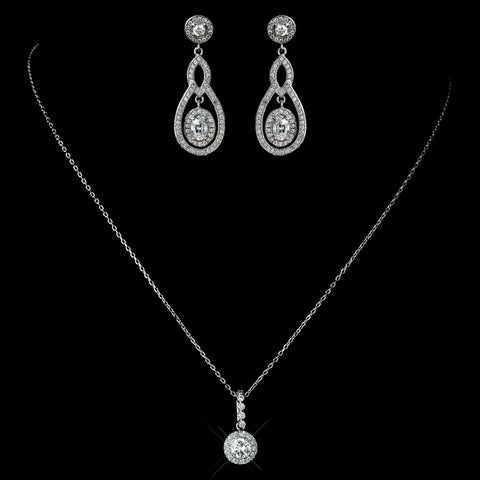 Antique Rhodium SIlver Clear CZ Crystal Round Pave Encrusted Pendent Bridal Wedding Necklace 7741 & Pave Encrusted Oval Drop Bridal Wedding Earrings 7778 Bridal Wedding Jewelry Set