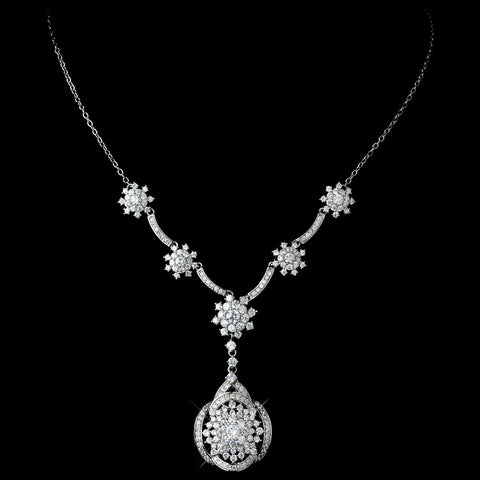 Antique Rhodium Silver Clear CZ Flower Crystal "Great Gatsby" Inspired Bridal Wedding Necklace Drop Bridal Wedding Necklace & Stud Earrings Jewelry Set 7743